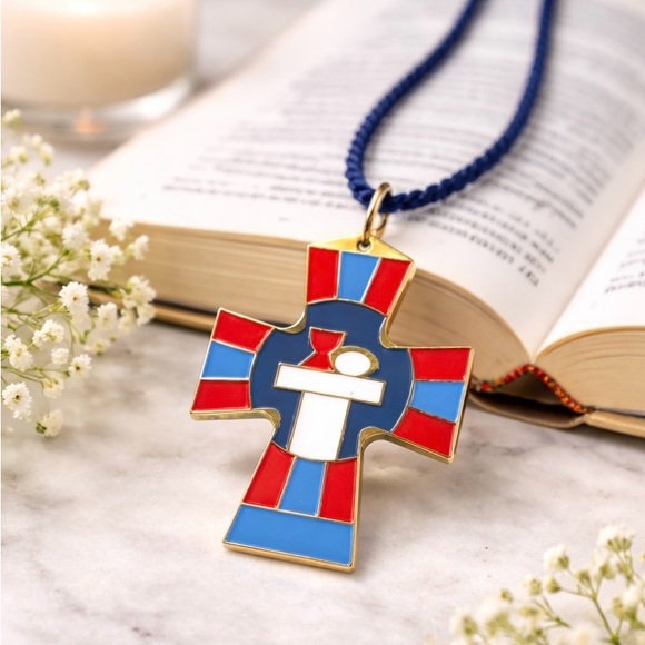 Jewelry - TSG Terra Sancta Guild Enameled Cross Pendant – Eucharist Symbol – Red/Blue